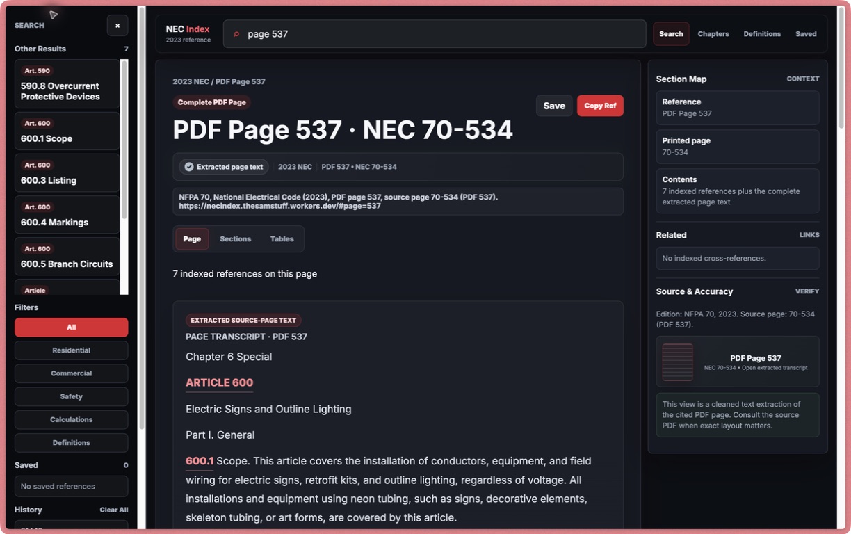 Live NEC Index workbench showing PDF page 537, search results, and source details