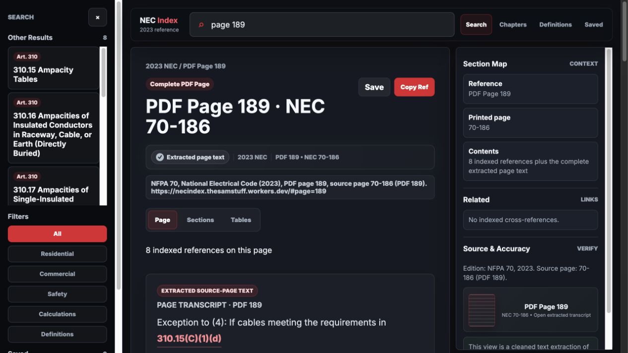 NEC Index displaying conductor ampacity references from PDF page 189