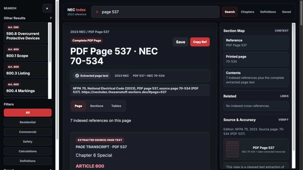 NEC Index showing the complete extracted transcript for PDF page 537