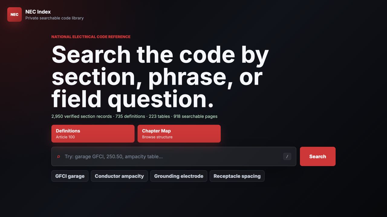 NEC Index search screen with suggested electrical code searches