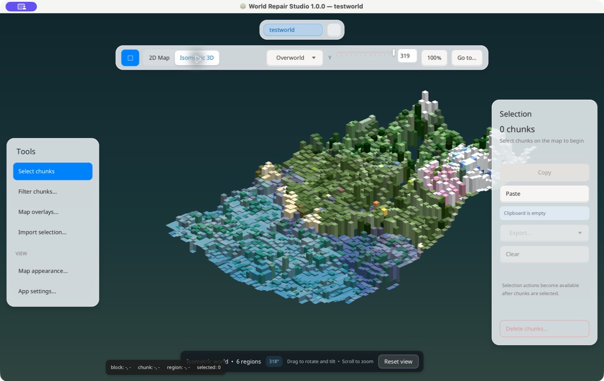 World Repair Studio showing an isometric Minecraft world and its detached editing controls