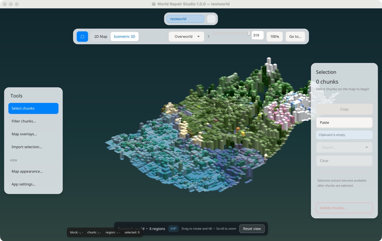 World Repair Studio displaying a colorful Minecraft world in isometric 3D