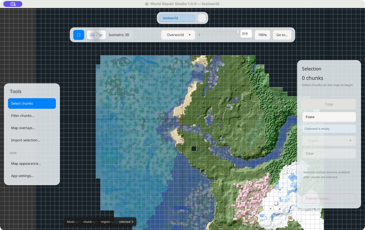 World Repair Studio displaying a Minecraft world as a detailed 2D region map