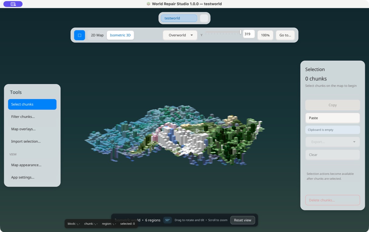 World Repair Studio showing the same Minecraft world from a low alternate isometric angle